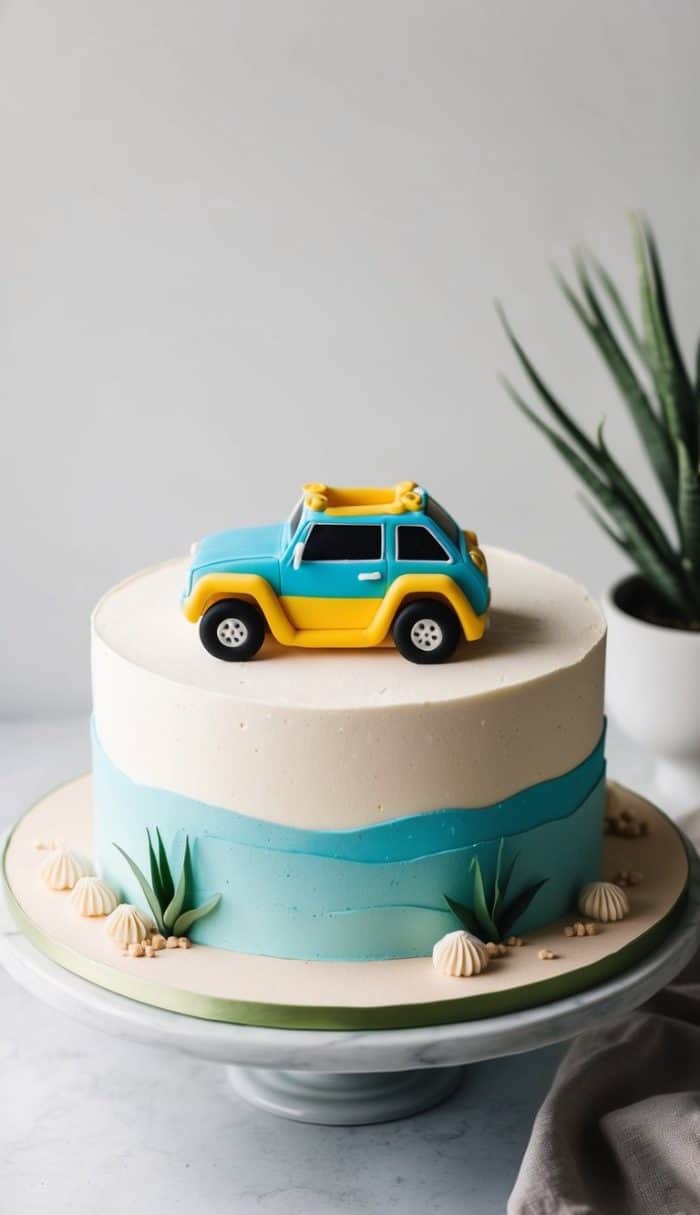 A two-tier cake with a sandy beach-themed design. The bottom is light blue, resembling waves. Topped with a toy car in blue and yellow. Decorated with small shells and green fondant plants.