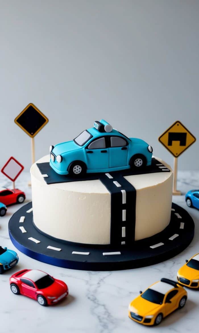 A detective car cake with fondant car accents and a road design, surrounded by toy cars and traffic signs