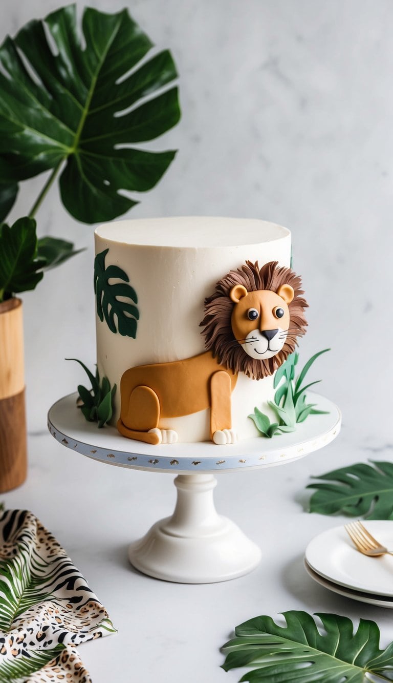 A lion safari cake surrounded by animal prints and jungle foliage