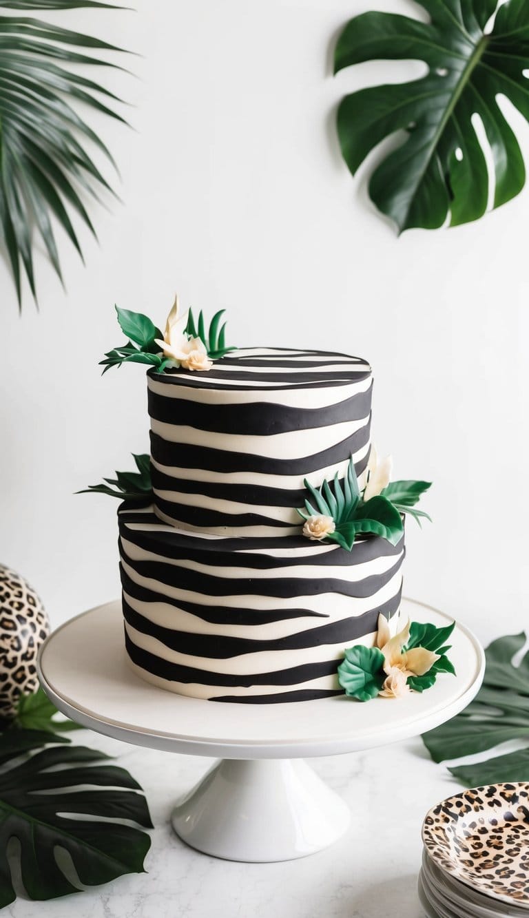 A zebra stripe cake surrounded by jungle foliage and animal prints