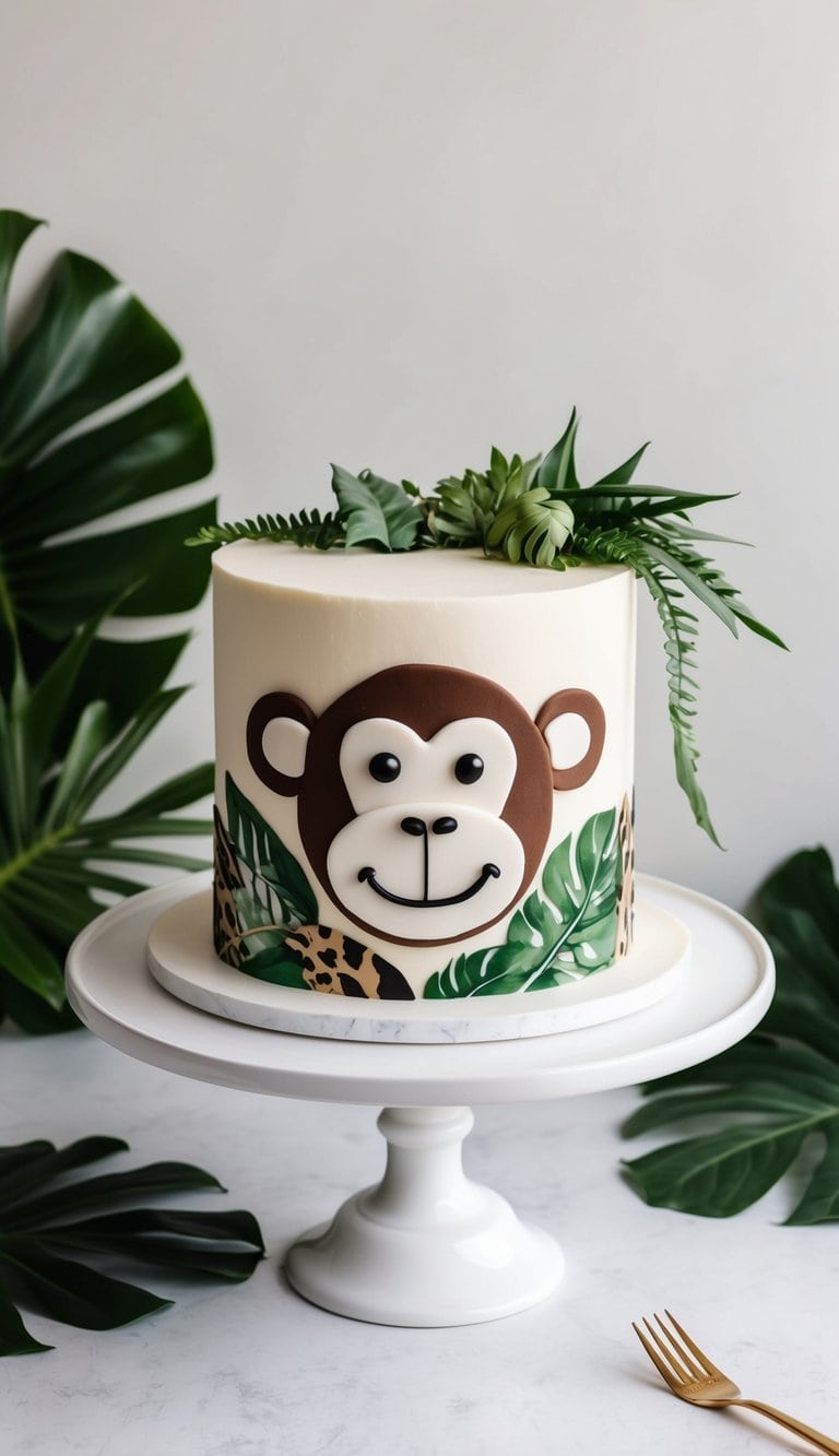 A monkey face cake surrounded by animal prints and jungle foliage