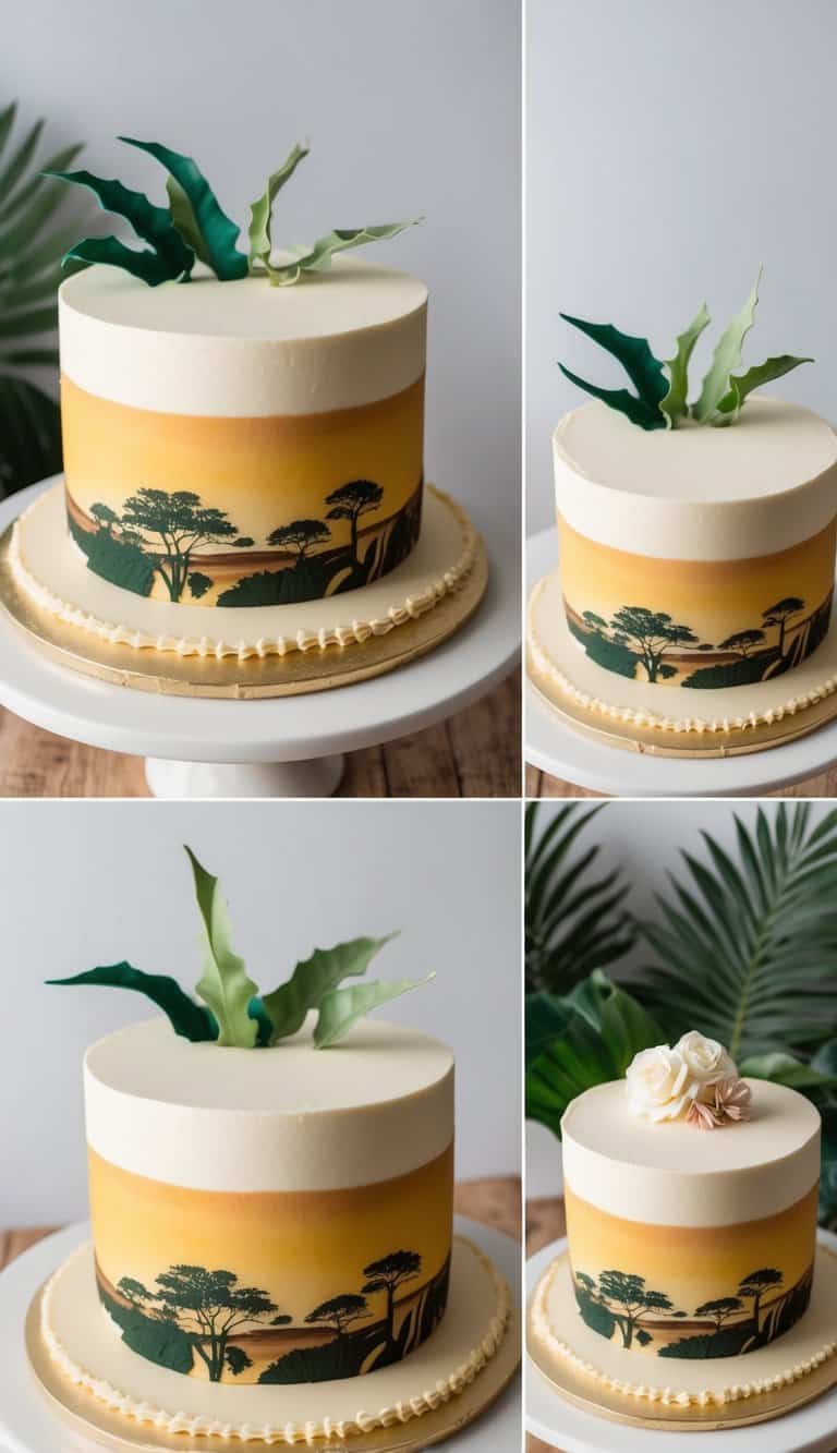 A golden sunset over a savannah landscape with animal prints and jungle foliage