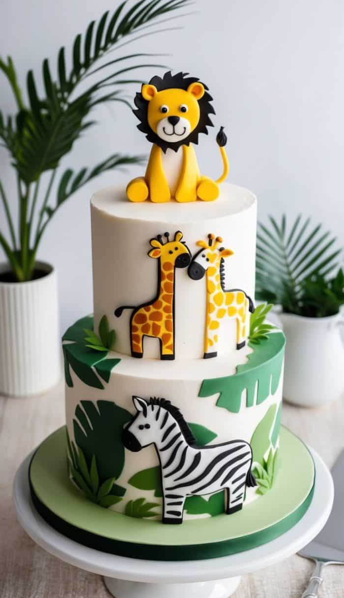 Two-tier jungle-themed cake decorated with fondant animals: a lion on top, two giraffes on the middle tier, and a zebra on the bottom tier, surrounded by green fondant leaves. Potted plants are in the background.