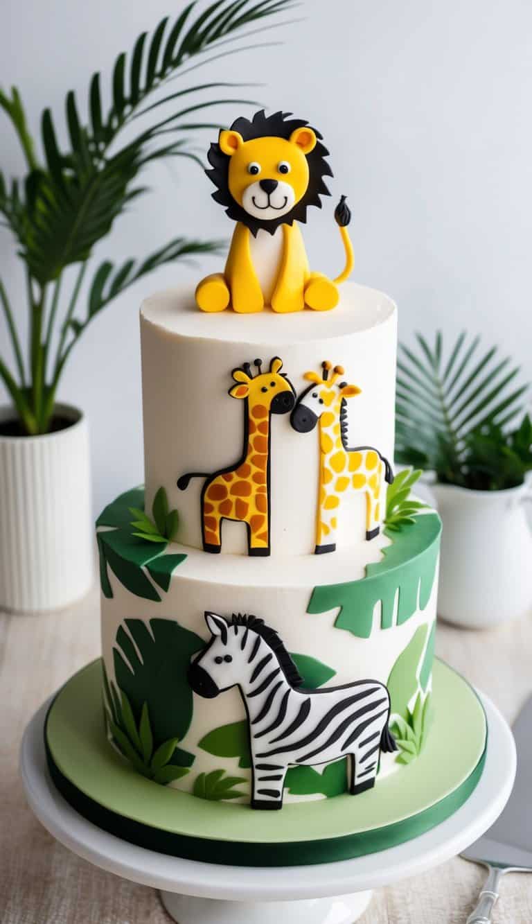 A lion, giraffe, and zebra silhouettes on a safari-themed cake with jungle prints