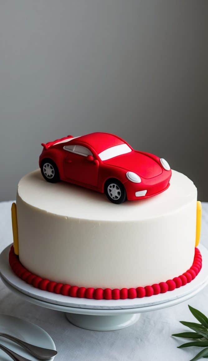 A white cake with a red toy car on top, surrounded by red bead-like decorations at the base. The cake is on a white stand, and three silver cake serving utensils are nearby on the table. A small green plant is partially visible.