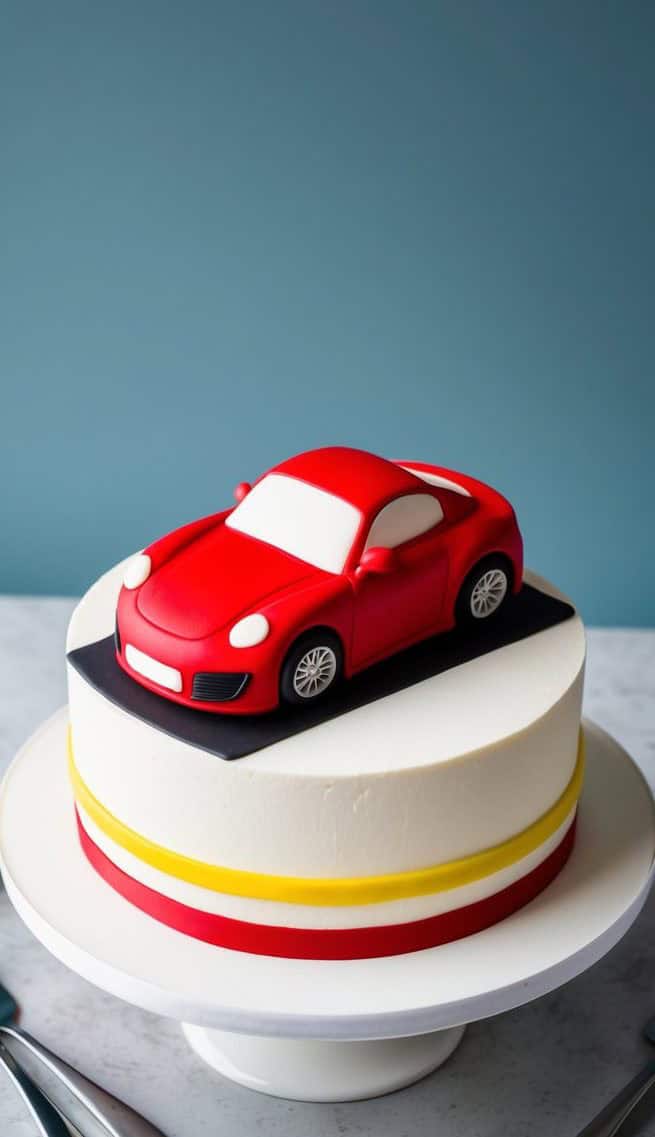 A cake with smooth white frosting and red and yellow stripes around the sides. On top, there's a realistic red car model made of icing or fondant, set against a plain blue background.
