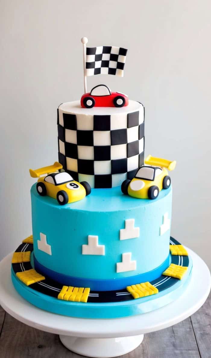 A two-tier blue cake with a racing theme. The top layer features a black-and-white checkered pattern, a toy car, and a checkered flag. The lower layer is decorated with small car cutouts and a road design around the base.