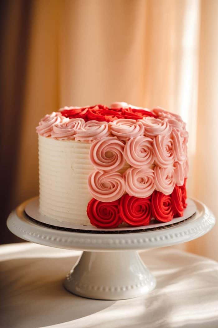 A round cake on a white stand, decorated with rosettes in shades of red and pink. The frosting has a smooth texture on the sides and is adorned with intricate rose patterns on top and part of the sides. Soft light is illuminating the scene.