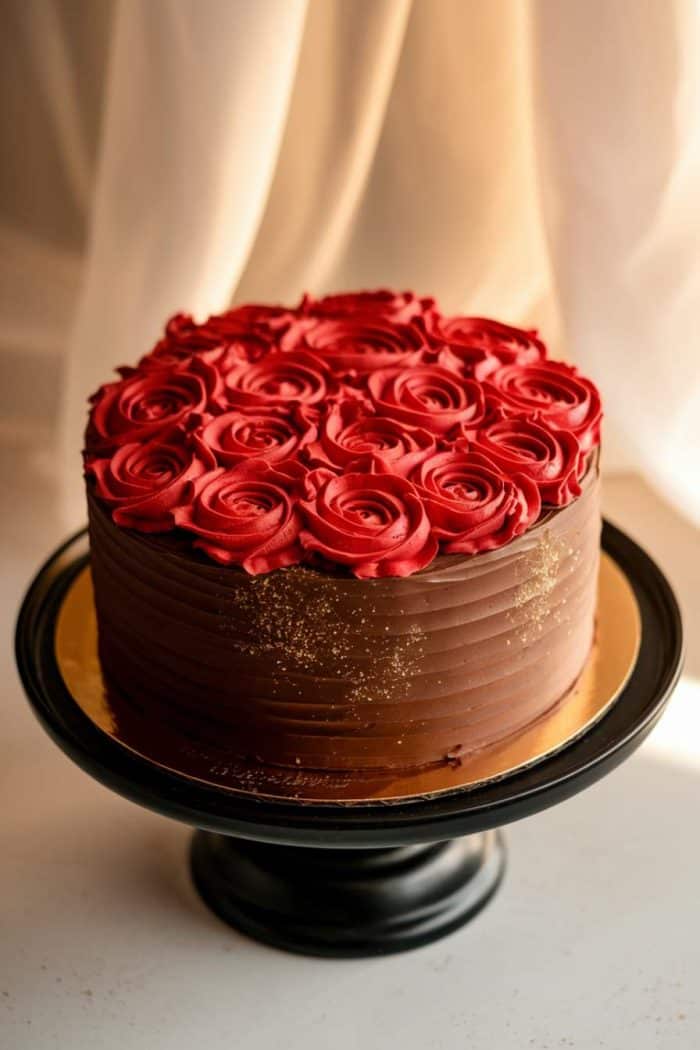 A chocolate cake on a black stand is topped with red frosting roses and a dusting of gold glitter. Soft light filters through sheer curtains in the background.