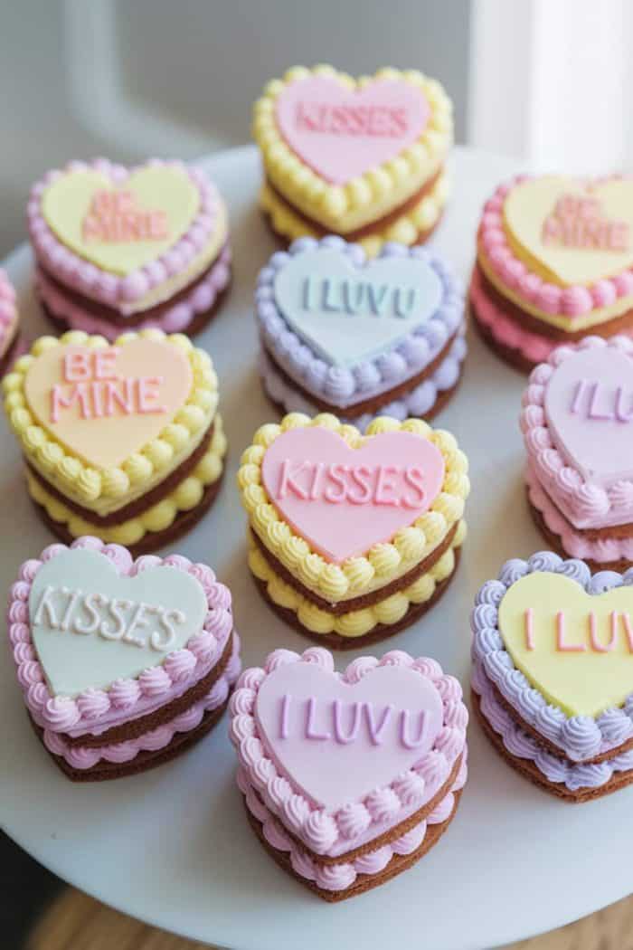 Heart-shaped cakes with colorful icing are arranged on a white plate. Each cake has messages like "BE MINE," "KISSES," and "I LUV U" on top in pastel colors such as pink, yellow, and purple.