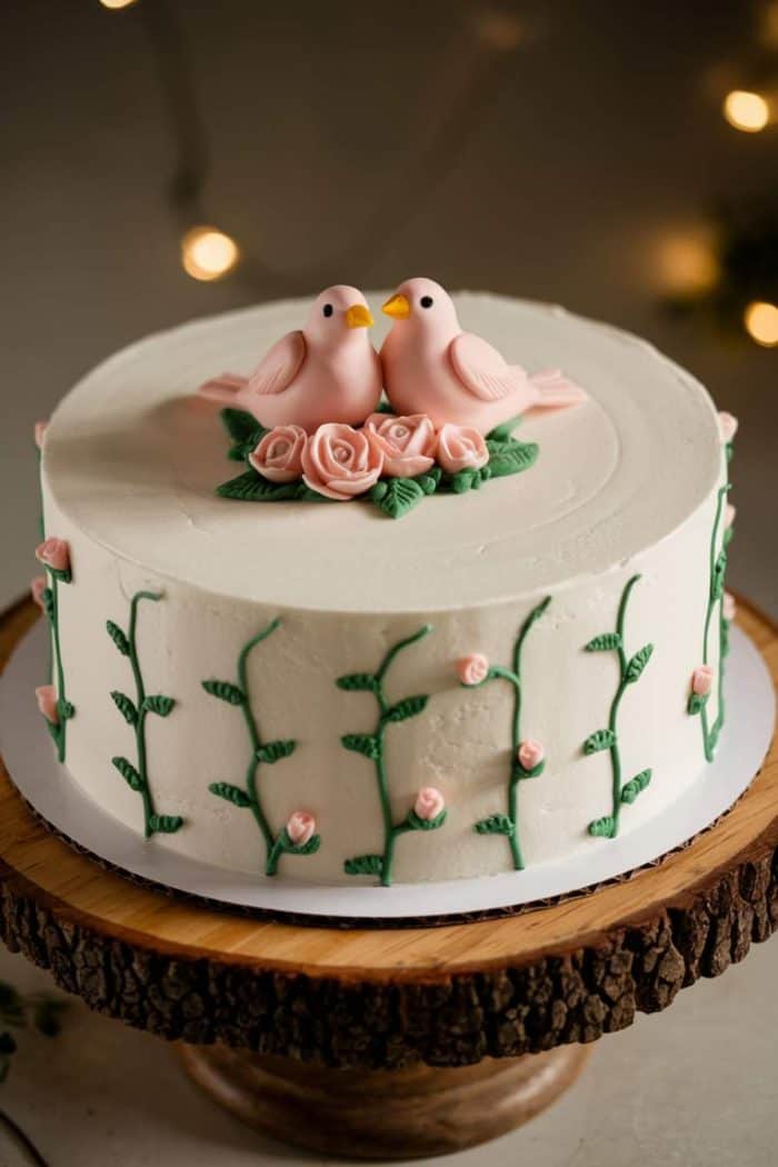 A round white cake decorated with two pink fondant birds sitting on a bed of pink roses. Green vines with pink buds adorn the sides. The cake sits on a wooden stand, with blurred lights in the background.