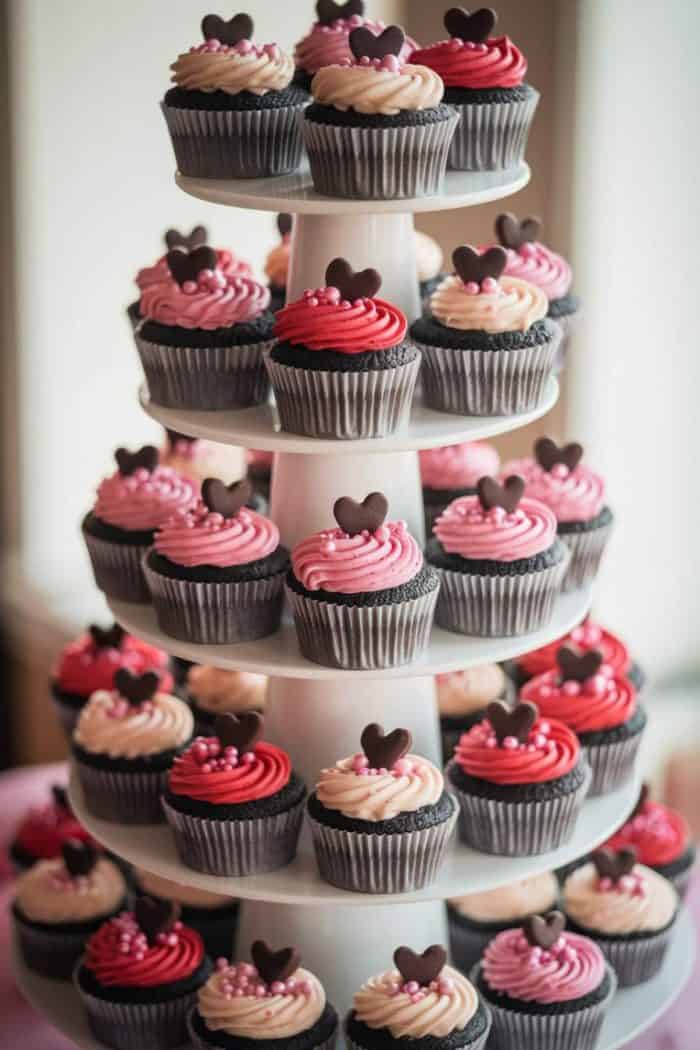 A tiered stand displays multiple cupcakes with swirled frosting in pink, red, and white. Each cupcake is topped with a chocolate heart and small decorative pearls, creating an elegant and festive presentation.