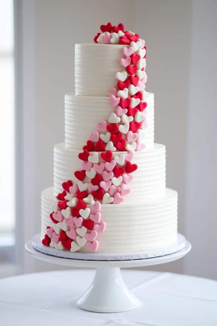 A four-tiered white cake on a stand is decorated with a cascade of small red, pink, and white heart-shaped fondants, creating a romantic and elegant look. The background is softly blurred, highlighting the cake's details.