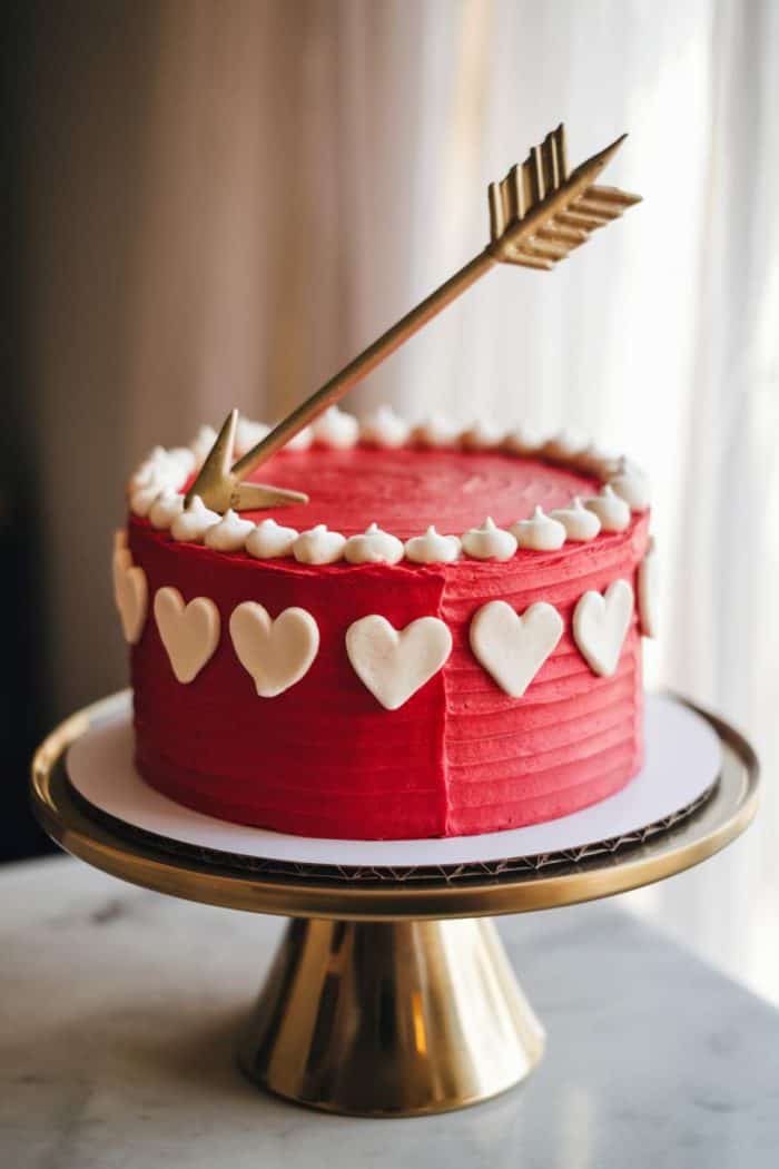 A red frosted cake with white heart decorations sits on a gold cake stand. An arrow passes through the center, giving the cake a Valentine's or Cupid-themed appearance.