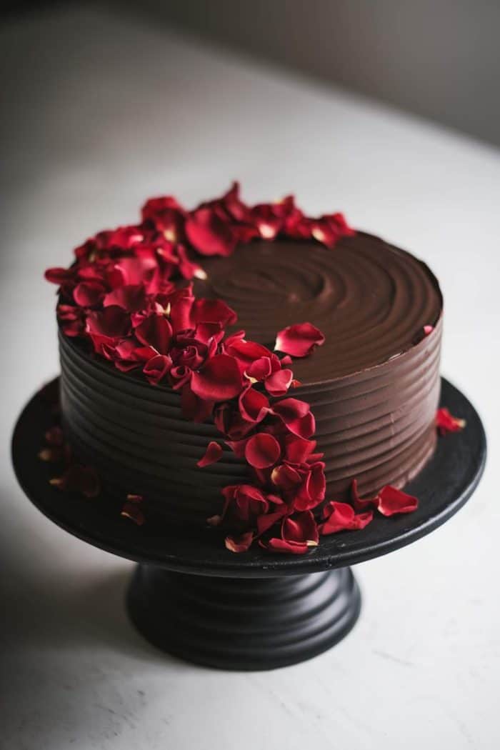 A chocolate cake with a ribbed texture is elegantly decorated with a cascade of red rose petals flowing over the top and down one side. It is presented on a black pedestal cake stand on a white surface.