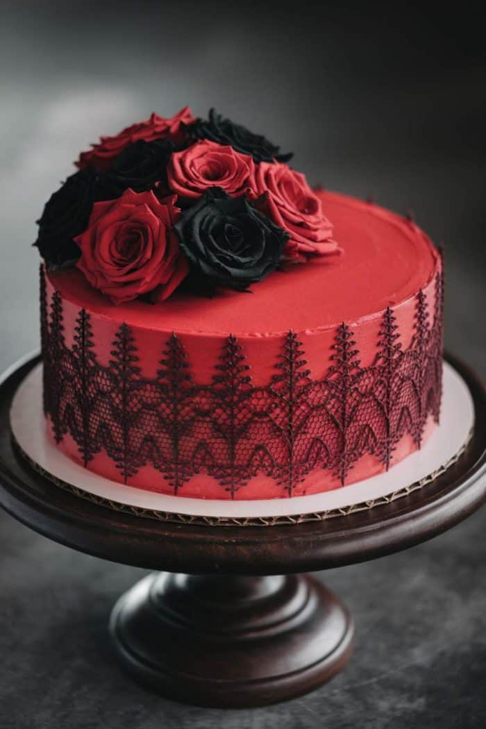 A red cake with intricate black lace design around the sides, topped with a bouquet of red and black roses, placed on a dark wooden cake stand.