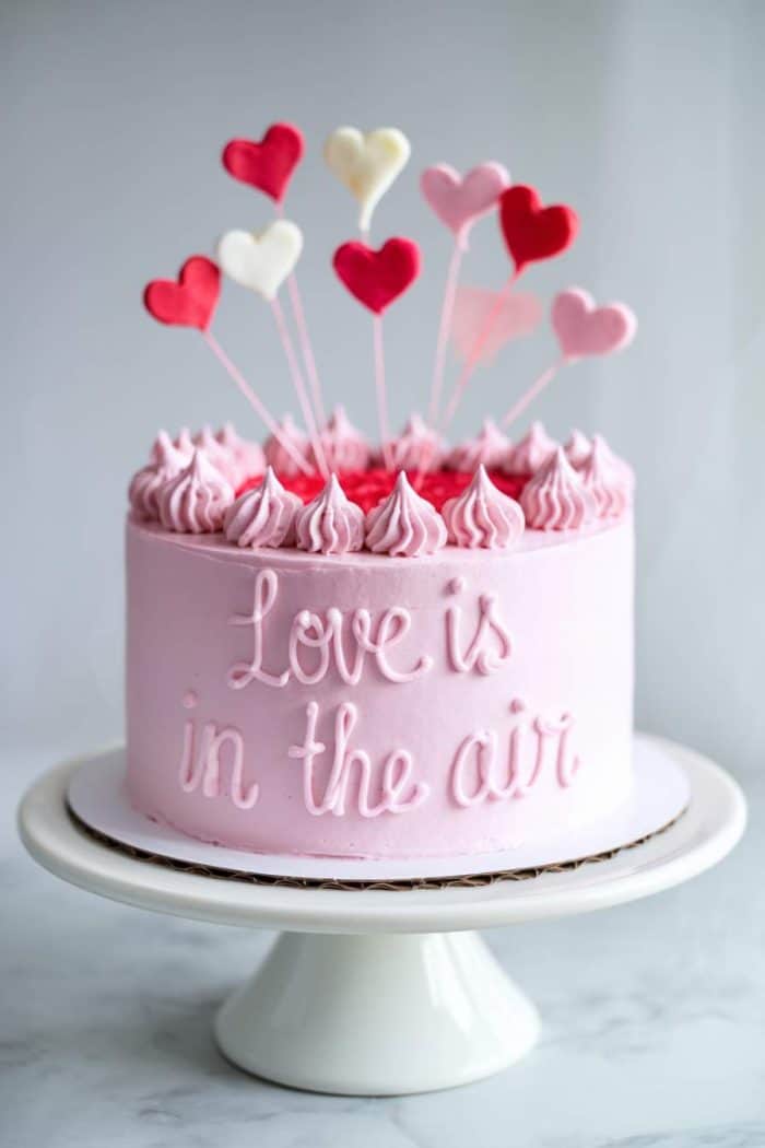 A pink cake on a stand with "Love is in the air" written on it. The cake is decorated with pink frosting and heart-shaped toppers on sticks in shades of red, pink, and white.