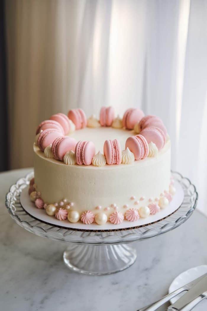 A white cake with pink macarons on top and decorative piping in pink and white around the base, displayed on a clear glass cake stand on a marble surface.