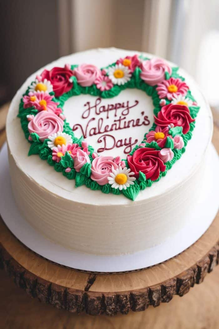 A round white cake on a wooden stand, decorated with colorful frosting flowers forming a heart shape. In the center, the text reads "Happy Valentine's Day." Roses and daisies adorn the decoration.