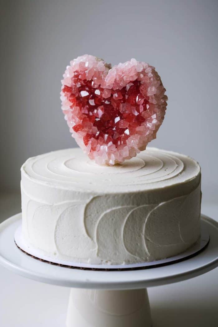 A white frosted cake on a stand, topped with a heart-shaped decoration made of pink and red sugar crystals, resembling a geode. The background is plain and softly lit.