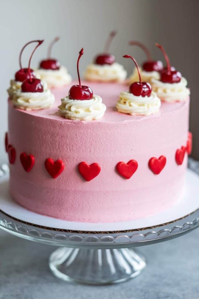 A pink frosted cake on a glass stand, topped with whipped cream swirls and cherries. Red heart decorations line the side, creating a charming and festive appearance.