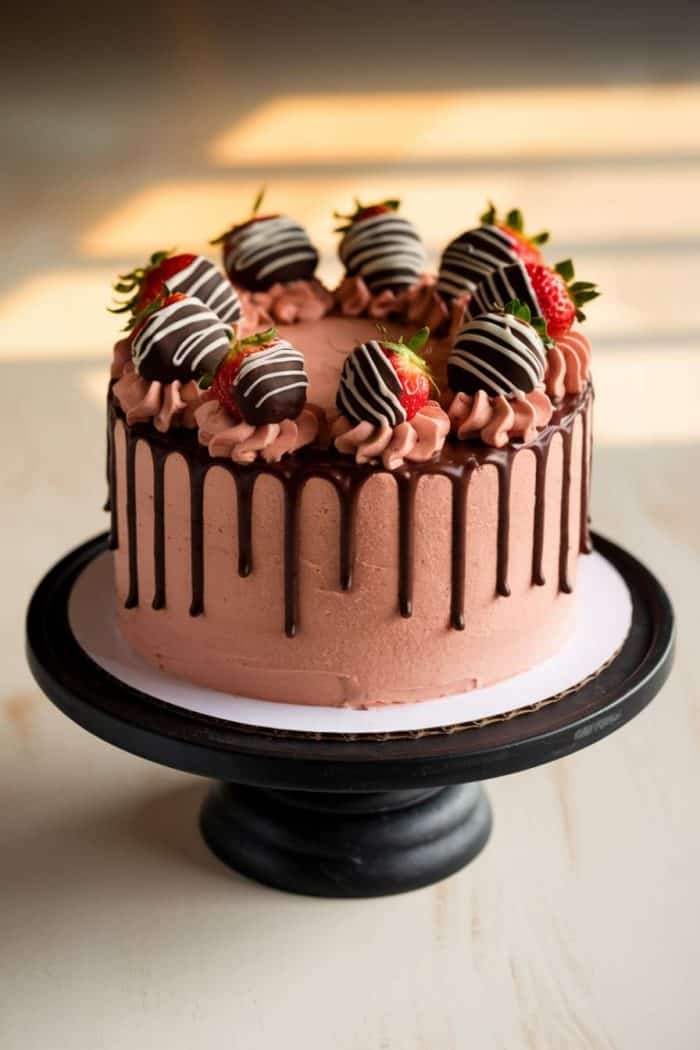 Chocolate cake with pink frosting and chocolate drip sits on a black cake stand. Topped with chocolate-covered strawberries and rosettes, creating an elegant dessert presentation in warm lighting.