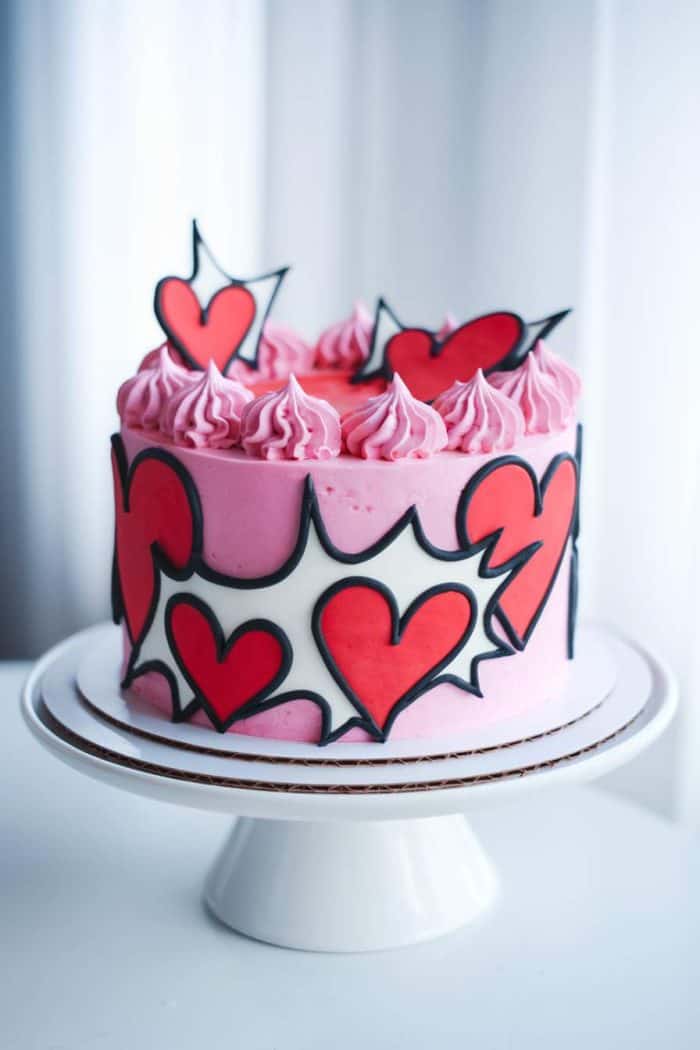 A pink cake decorated with red hearts and comic-style black outlines on a white cake stand. The top is adorned with pink swirls and sugar hearts. The backdrop is a softly blurred white curtain.