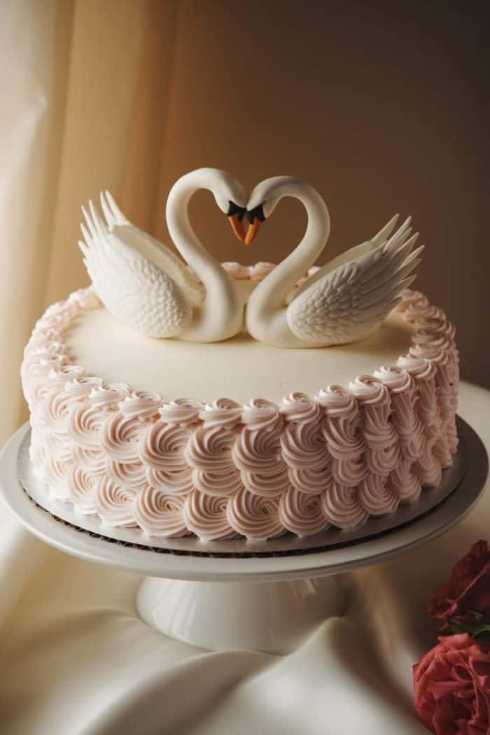 A beautifully decorated cake with intricate pink frosting swirls, topped with two elegant swan figures forming a heart shape with their necks. The cake is displayed on a white cake stand, with soft lighting enhancing its details.