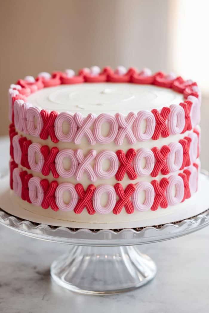A three-layer cake with white frosting on a glass stand. It features alternating pink and red "XOXO" patterns piped in icing around each layer, creating a playful and decorative design.