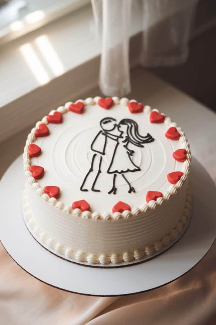 A round white cake with a simple outline drawing of a couple embracing on top. The cake is decorated with small red heart-shaped candies around the edge. The cake sits on a table by a window with sheer curtains.