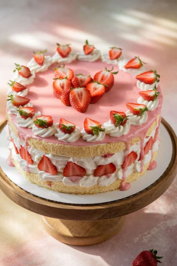 A strawberry cake sits on a wooden stand, topped with sliced strawberries and pink icing. Whipped cream decorates the top and middle layer, and fresh strawberries are embedded around the sides.