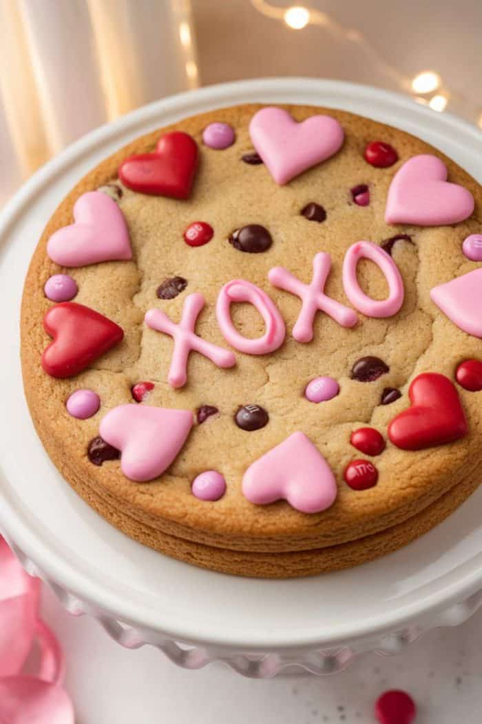 A round cookie cake on a white stand, decorated with pink icing spelling "XOXO." It's adorned with pink and red candy hearts and chocolate chips. Soft lighting creates a warm atmosphere, with blurred lights in the background.