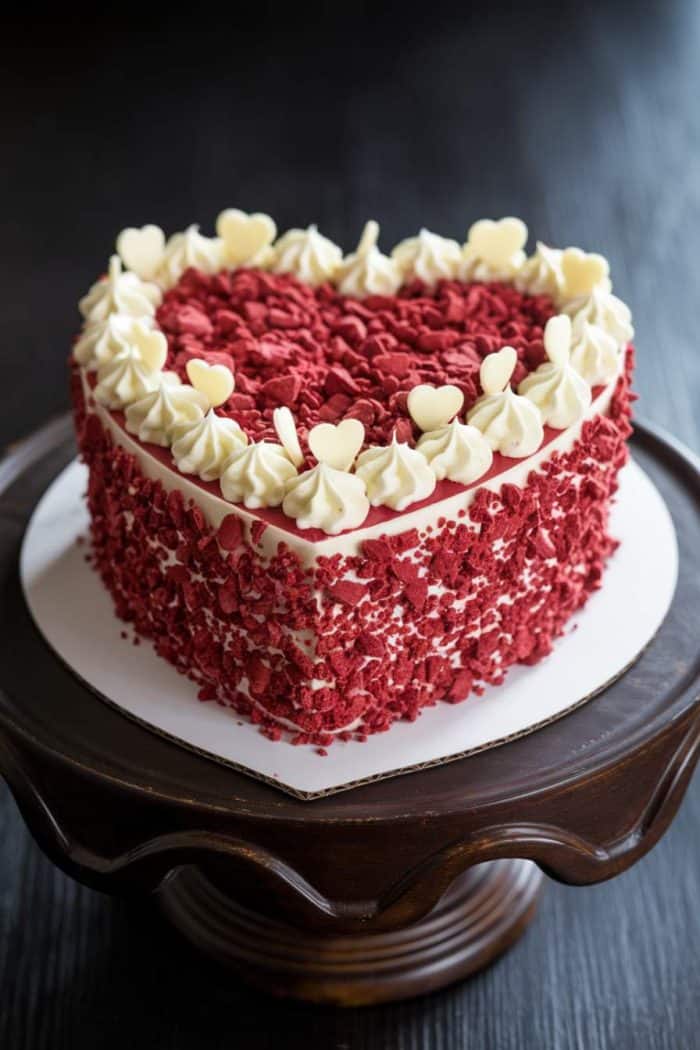 Heart-shaped red velvet cake on a dark wooden stand. The cake is decorated with white frosting and heart-shaped white chocolate pieces along the edge, with crushed red velvet crumbs covering the sides.