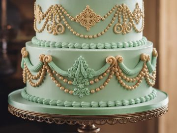 A two-tiered cake with mint green frosting, decorated with intricate gold lace patterns and pearls. The top is adorned with a bouquet of light green roses. It sits on an ornate golden stand.
