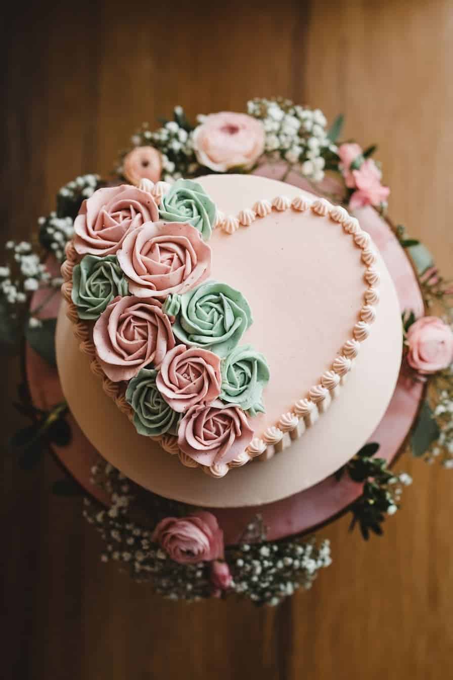Heart-shaped cake with piped pink and green roses on top, surrounded by small white flowers and greenery. The cake sits on a wooden surface.