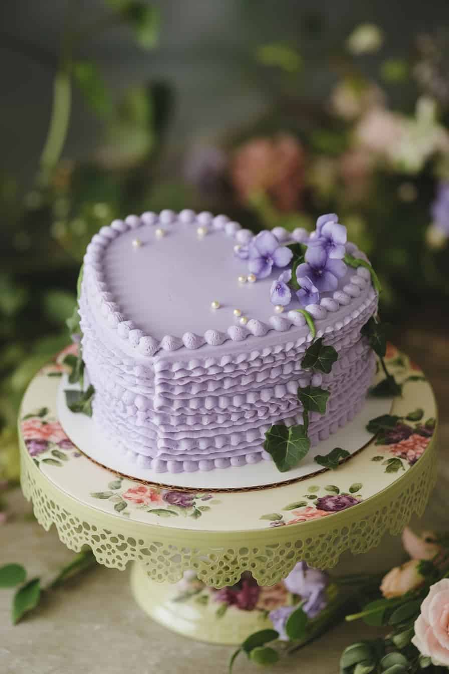 A heart-shaped lavender cake with textured icing, adorned with purple flowers and green leaves, sits on a floral cake stand. The background features blurred greenery and soft pink flowers.