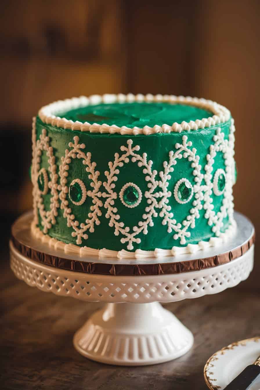 A beautifully decorated cake with green icing and intricate white frosting patterns sits on a white cake stand. The cake features ornate, symmetrical designs resembling vines and circles.