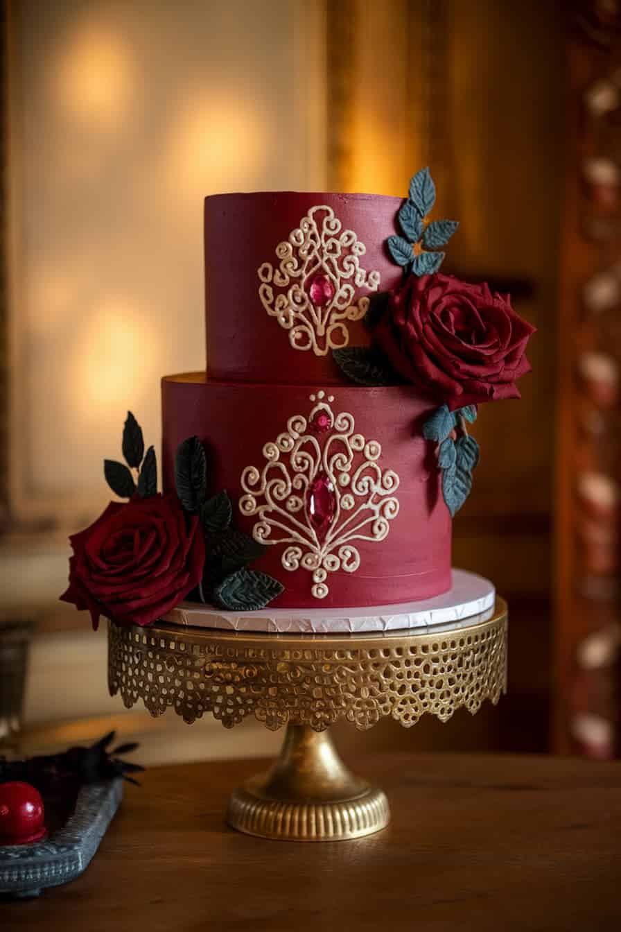 A two-tiered burgundy cake adorned with intricate gold designs and deep red roses sits on a decorative gold stand. The background is softly lit, enhancing the cake's luxurious appearance.