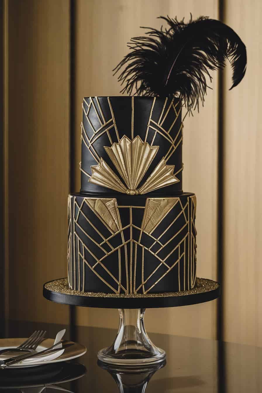 An Art Deco-style cake with two black tiers, featuring intricately arranged gold geometric patterns. A large black feather adorns the top. The cake sits on a glass stand beside a plate with a fork and knife.