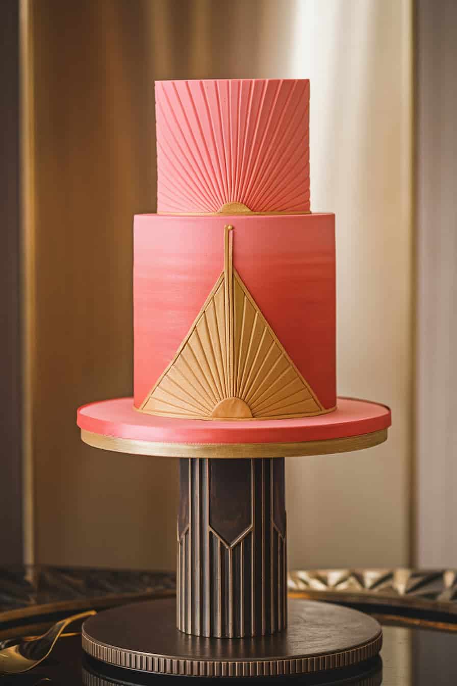 Art Deco-inspired cake with two tiers. The bottom tier is adorned with a geometric gold pattern, while the top tier features a sunburst design. Both tiers have a pink and gold color scheme, displayed on a stylized pedestal.