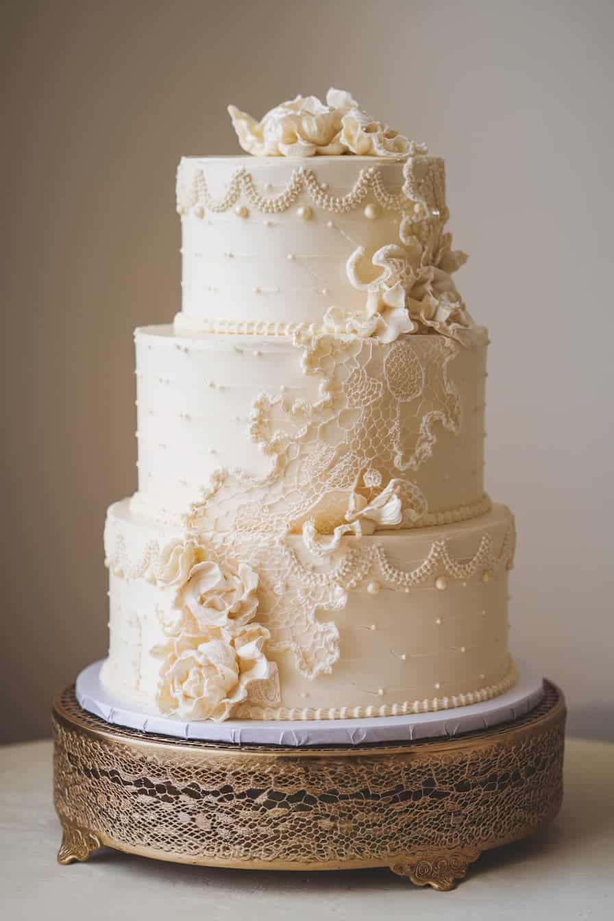 A three-tiered cake decorated with intricate lace patterns and white floral accents on each layer, displayed on a decorative gold stand against a neutral background.
