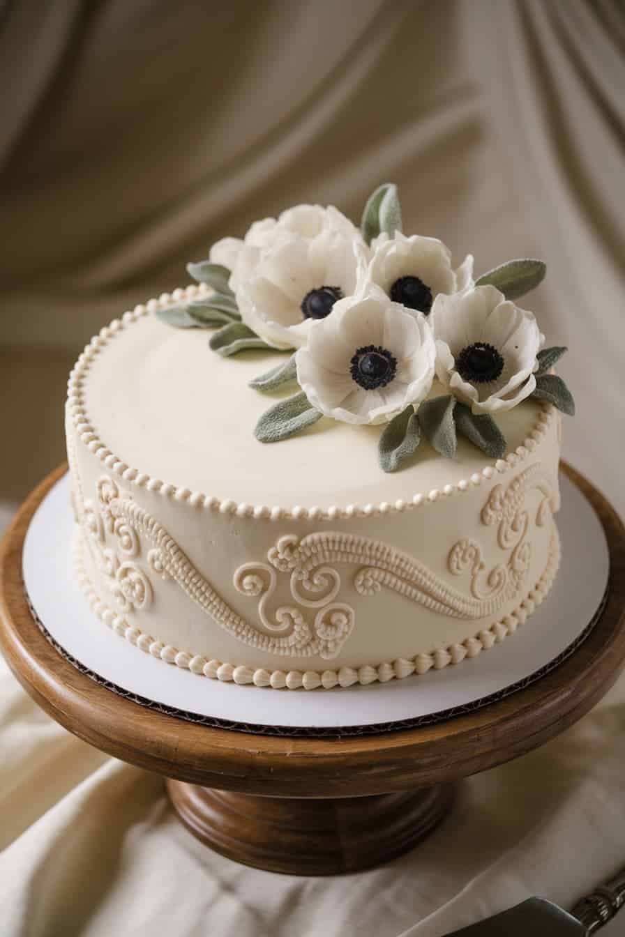 A round white cake on a wooden stand, elegantly decorated with intricate piped designs and topped with three white flowers and green leaves. The background is a soft, draped fabric.