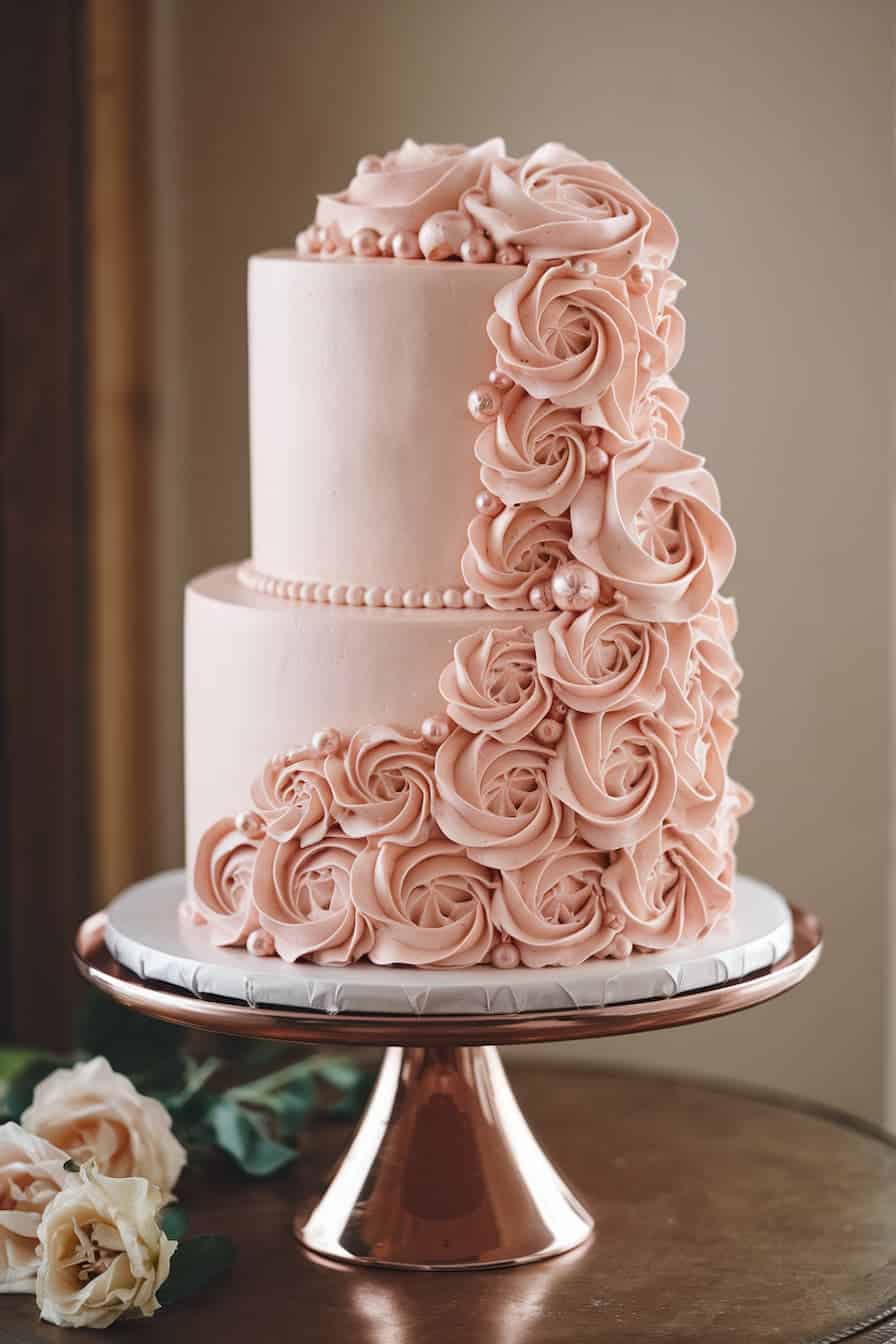 A two-tier pink cake adorned with elaborate rose-shaped frosting and pearl-like decorations, displayed on a round metallic stand. A couple of roses lie at the base.