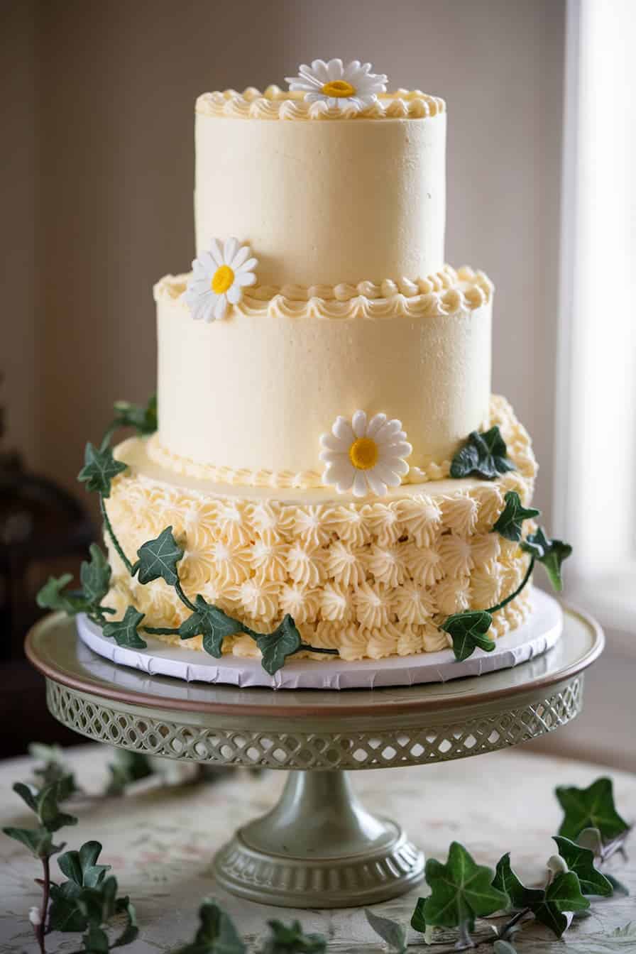 A two-tiered cake with creamy yellow frosting, decorated with piped flowers and ivy leaves, stands on an ornate green cake stand. Daisies adorn each tier, adding a touch of charm to the classic design.