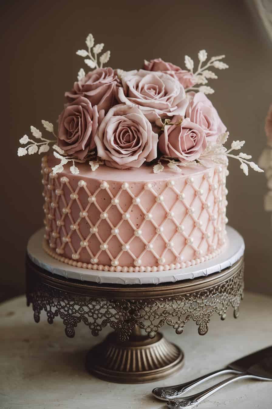A decorated pink cake with a lattice pattern and pearl-like accents sits on a vintage cake stand. The top is adorned with large pink roses and delicate white leaves, creating an elegant and romantic appearance.