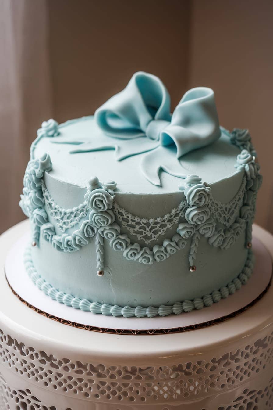 A light blue cake adorned with intricate lace-like frosting and small roses. The decoration features a large fondant bow on top and delicate pearl accents. It is displayed on a white decorative stand.