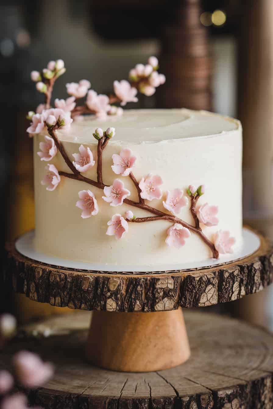 A round white cake elegantly decorated with delicate pink cherry blossoms on brown branches. It is displayed on a rustic wooden stand.
