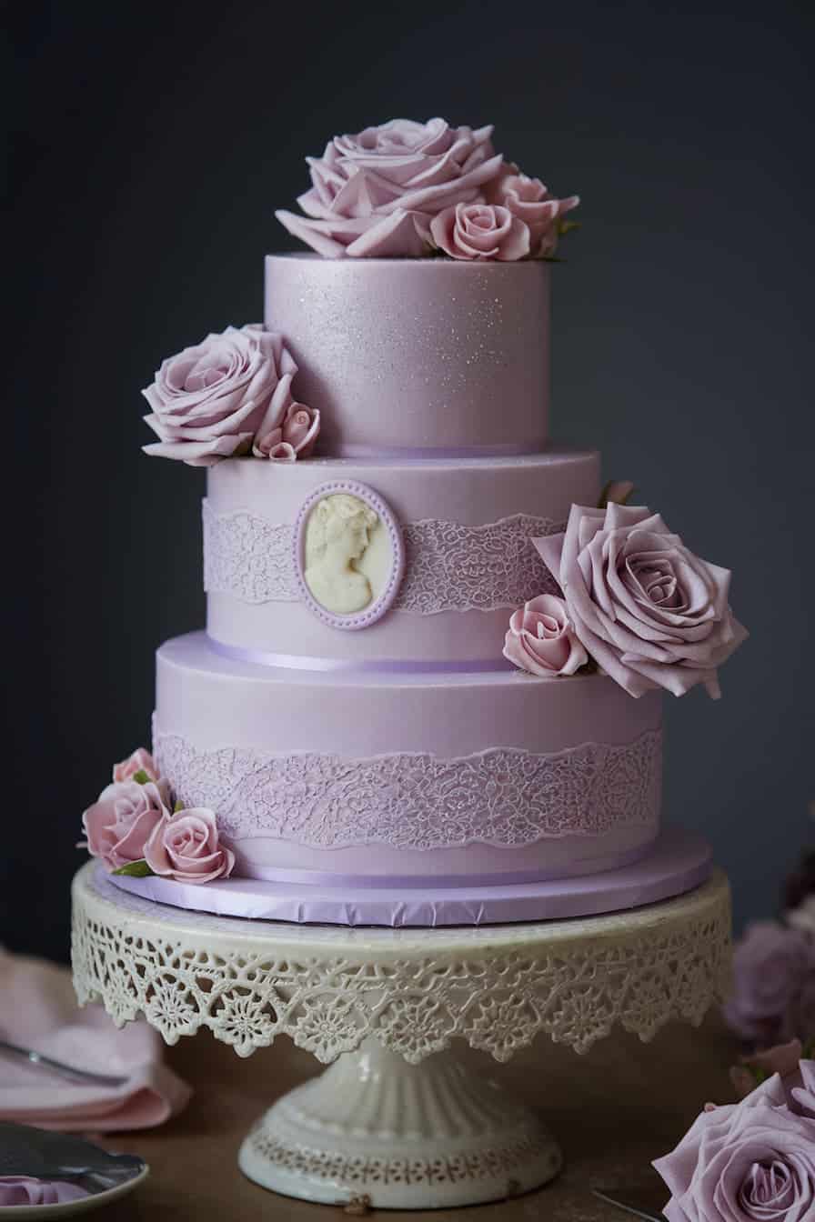 A three-tiered lavender cake decorated with ornate lace patterns, large pink roses, and a cameo medallion on the middle tier, all placed on a lace-trimmed cake stand.