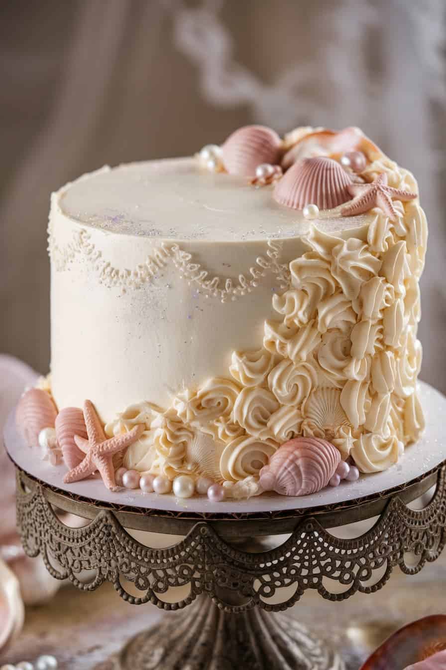 A decorative cake with elegant cream frosting features intricate swirls and piped seashell designs. The cake is adorned with real seashells and small pearls, displayed on an ornate metal stand.