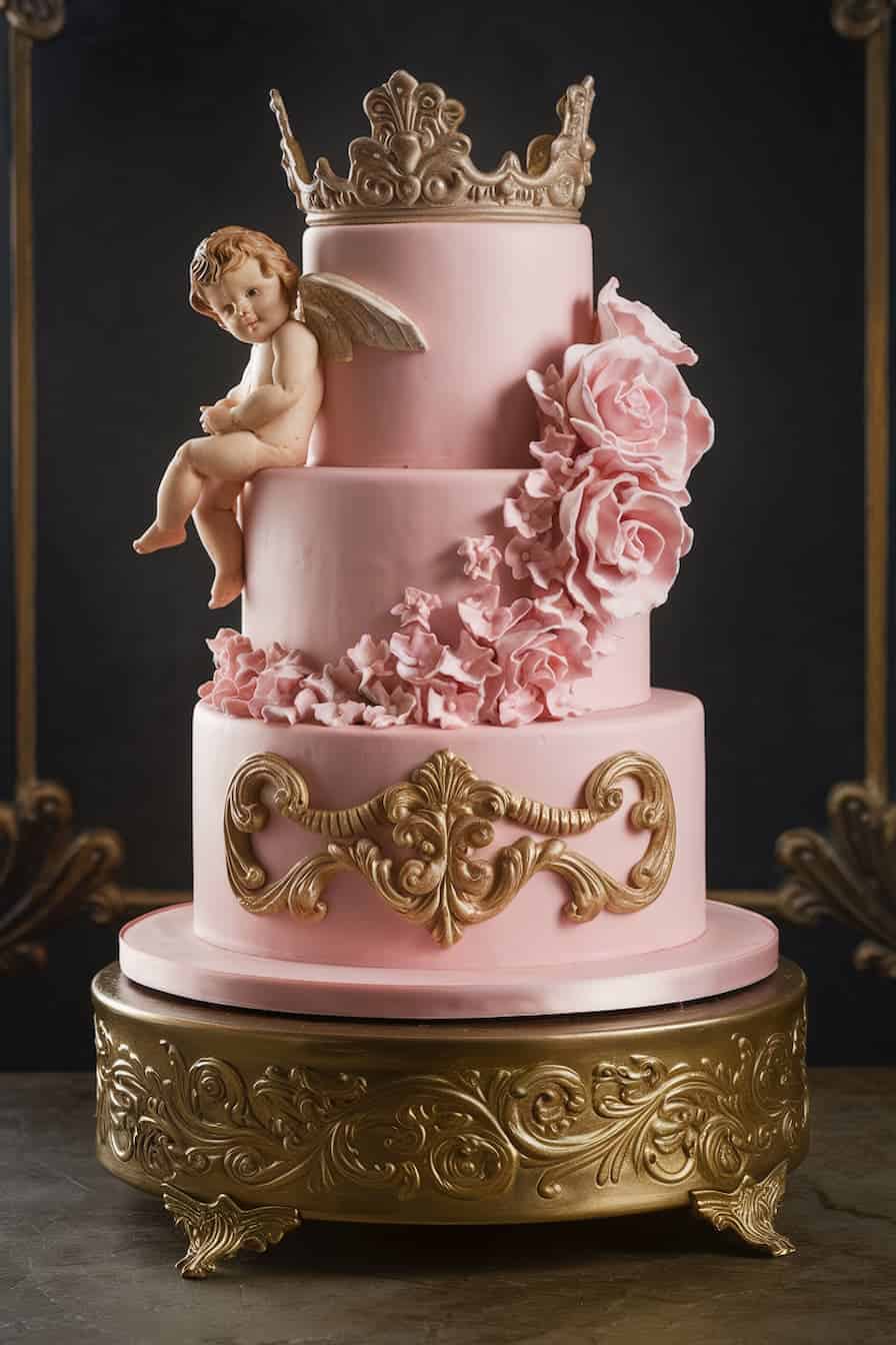 A three-tiered pink cake adorned with a winged cherub on the top tier. Pink roses cascade down the side, and gold ornate decorations embellish each tier. A gold crown sits atop the cake, which rests on an ornate gold stand.